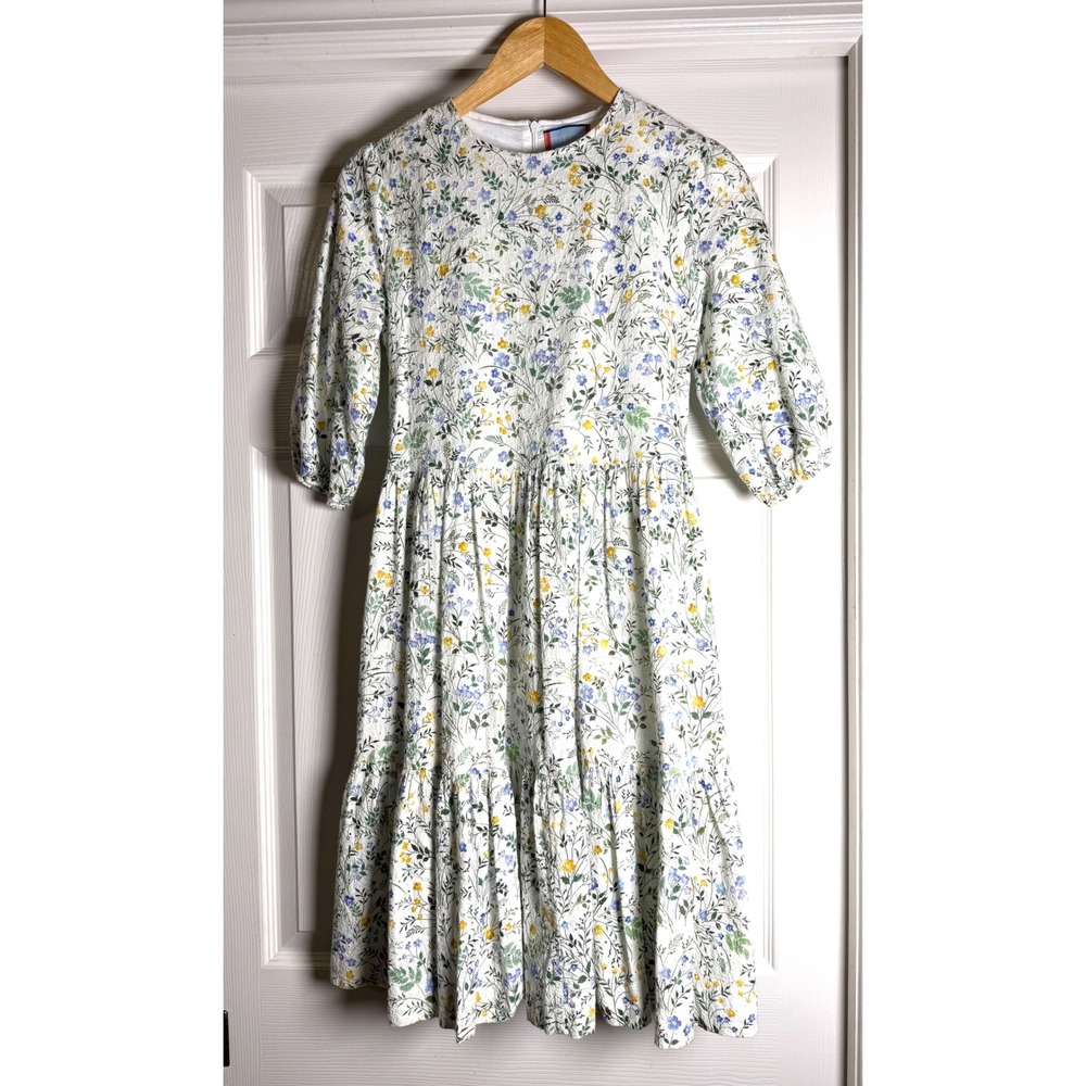 Meme Floral Eyelet Midi Dress Women Size 14 White Blue Yellow Tiered M-5639
